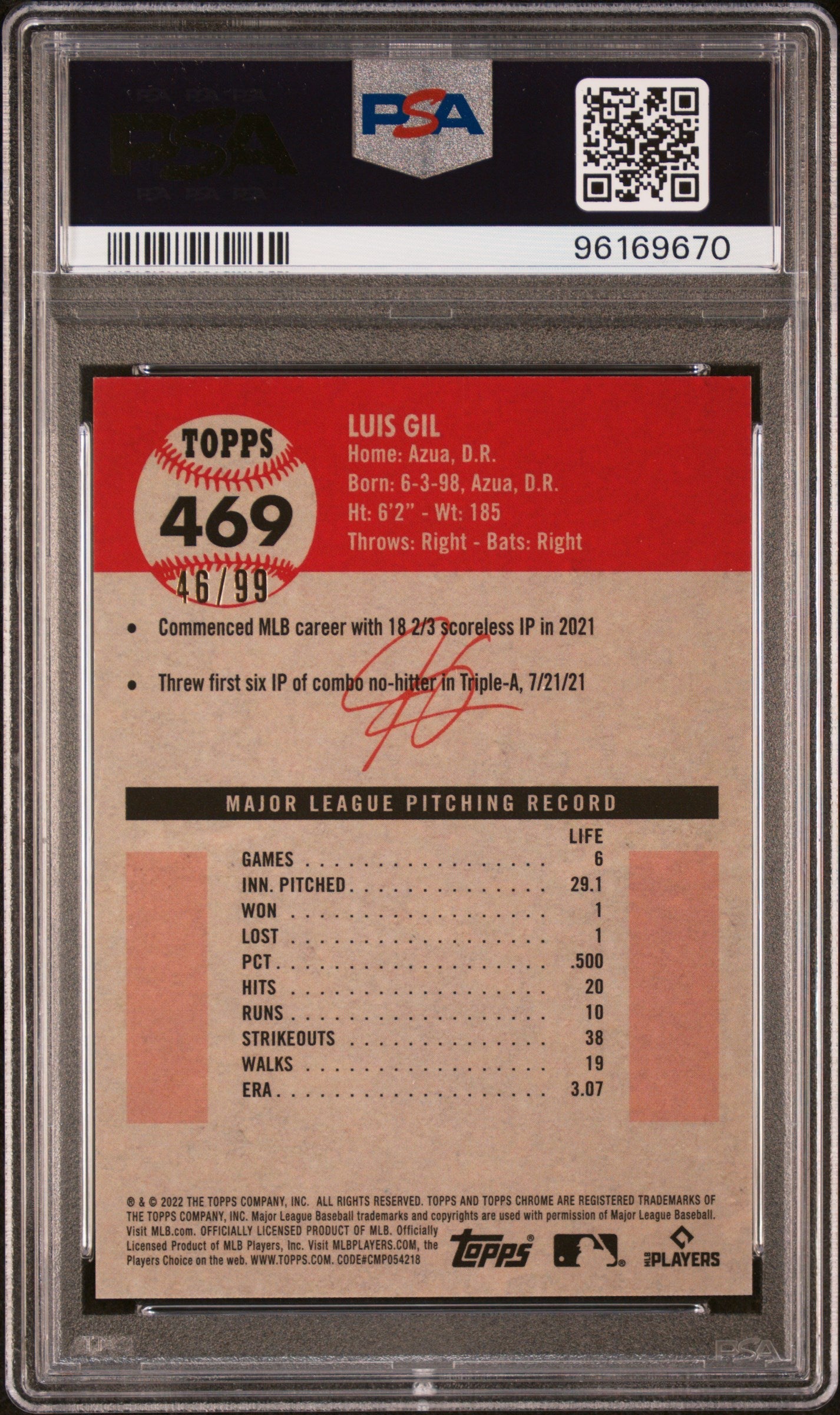 Graded 2022 Topps Platinum Anniversary Luis Gil #469 Green Wave Refractor /99 Rookie RC Baseball Card PSA 10 Gem Mint