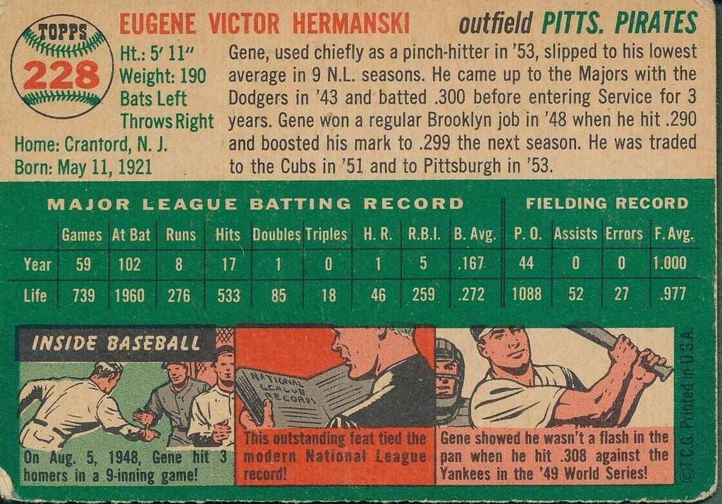 Gene Hermanski Pirates Signed/Auto 1953 Topps Baseball Card #228 162320