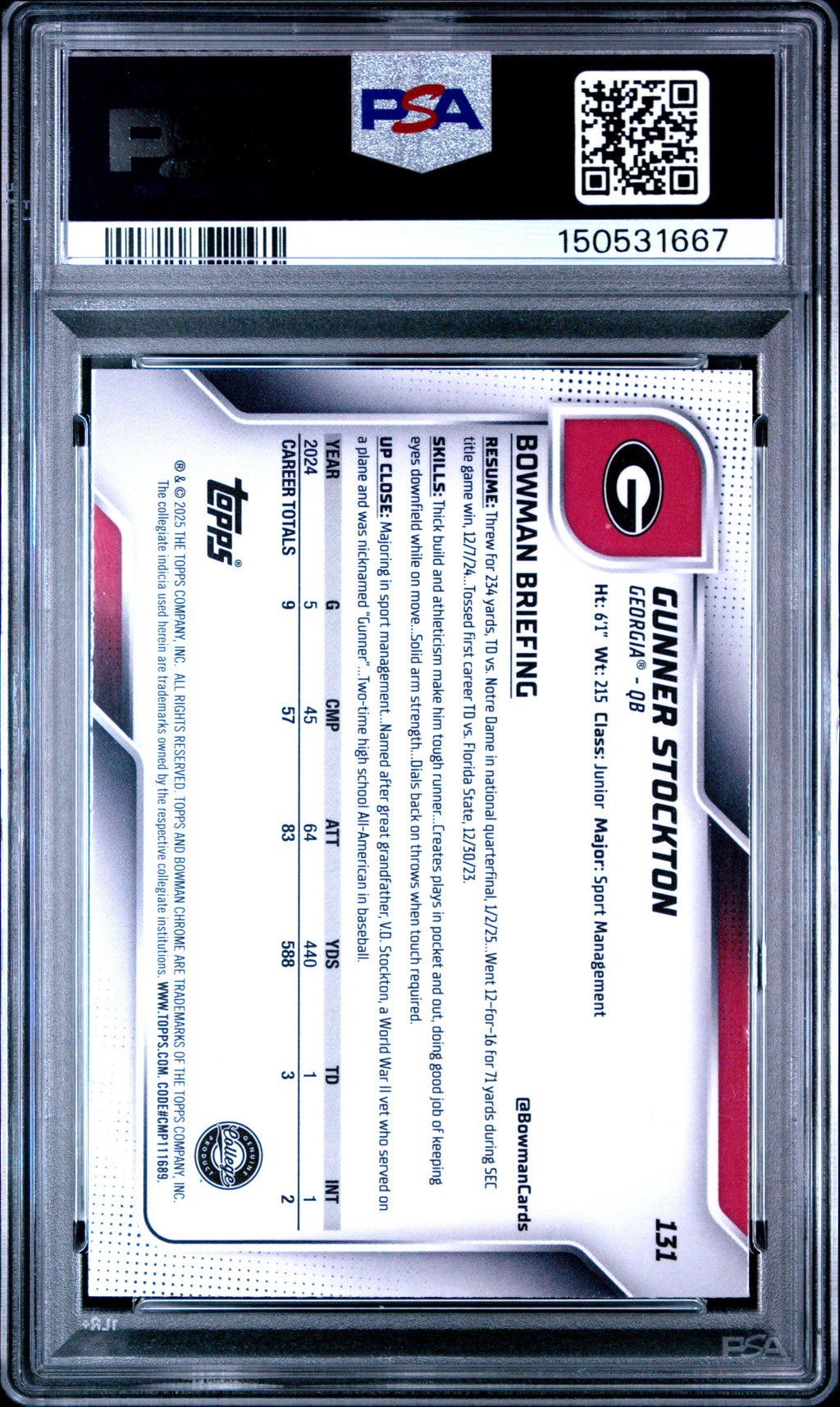 Graded 2025 Topps Bowman University Chrome Gunner Stockton #131 Rookie RC Football Card PSA 10 Gem Mint