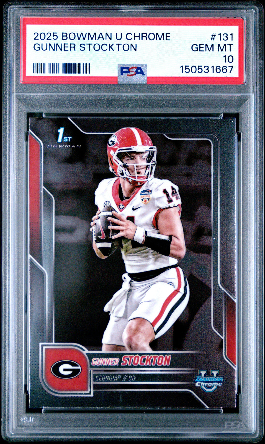 Graded 2025 Topps Bowman University Chrome Gunner Stockton #131 Rookie RC Football Card PSA 10 Gem Mint