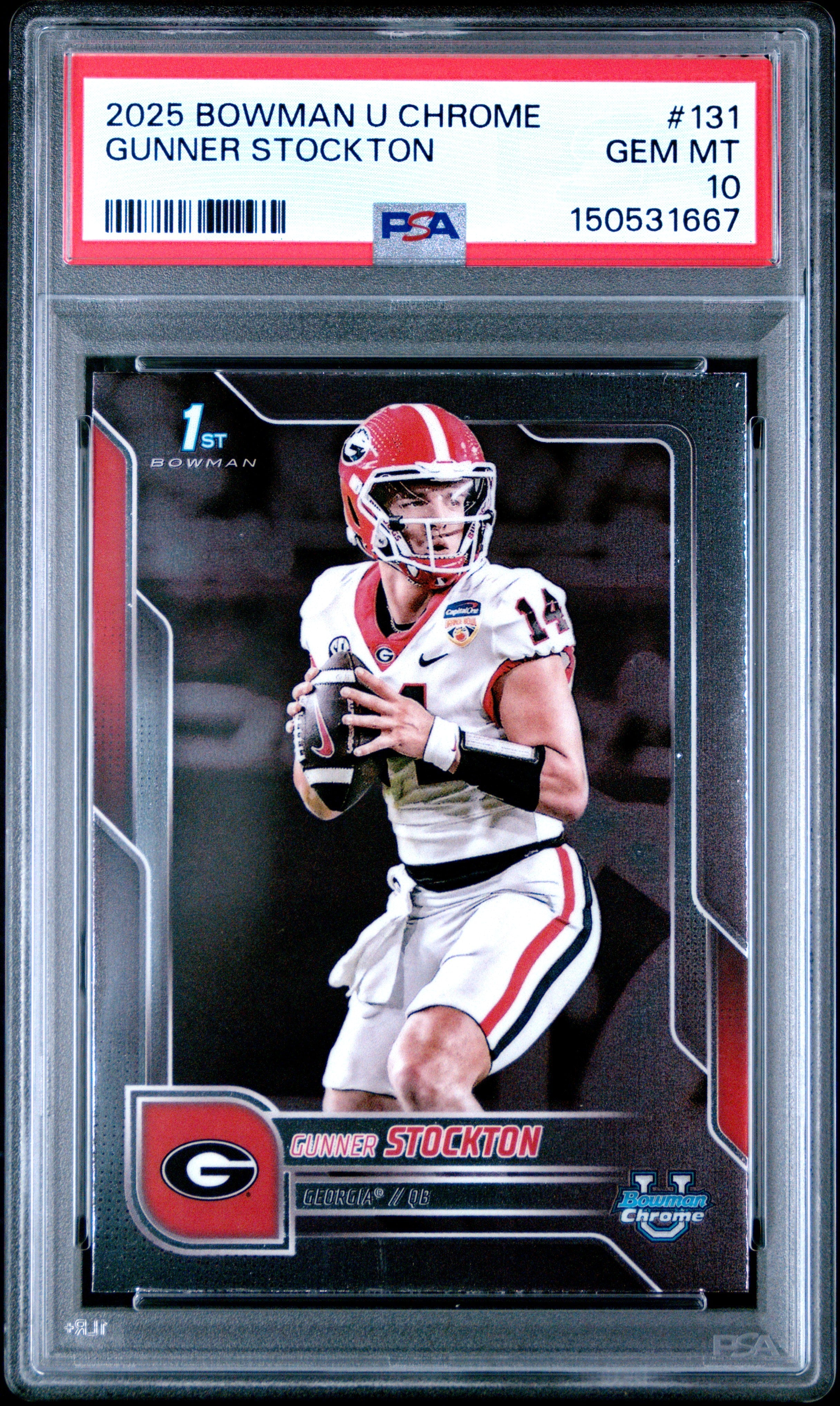 Graded 2025 Topps Bowman University Chrome Gunner Stockton #131 Rookie RC Football Card PSA 10 Gem Mint