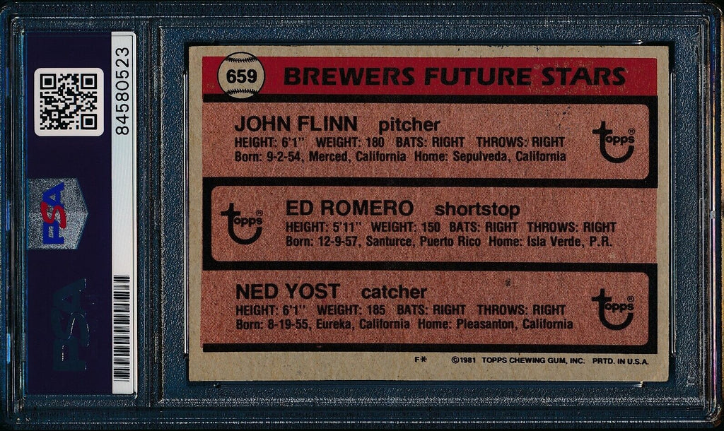 John Flynn/Ed Romero/Ned Yost Signed/Auto 1981 TOPPS Card #659 Brewers PSA/DNA
