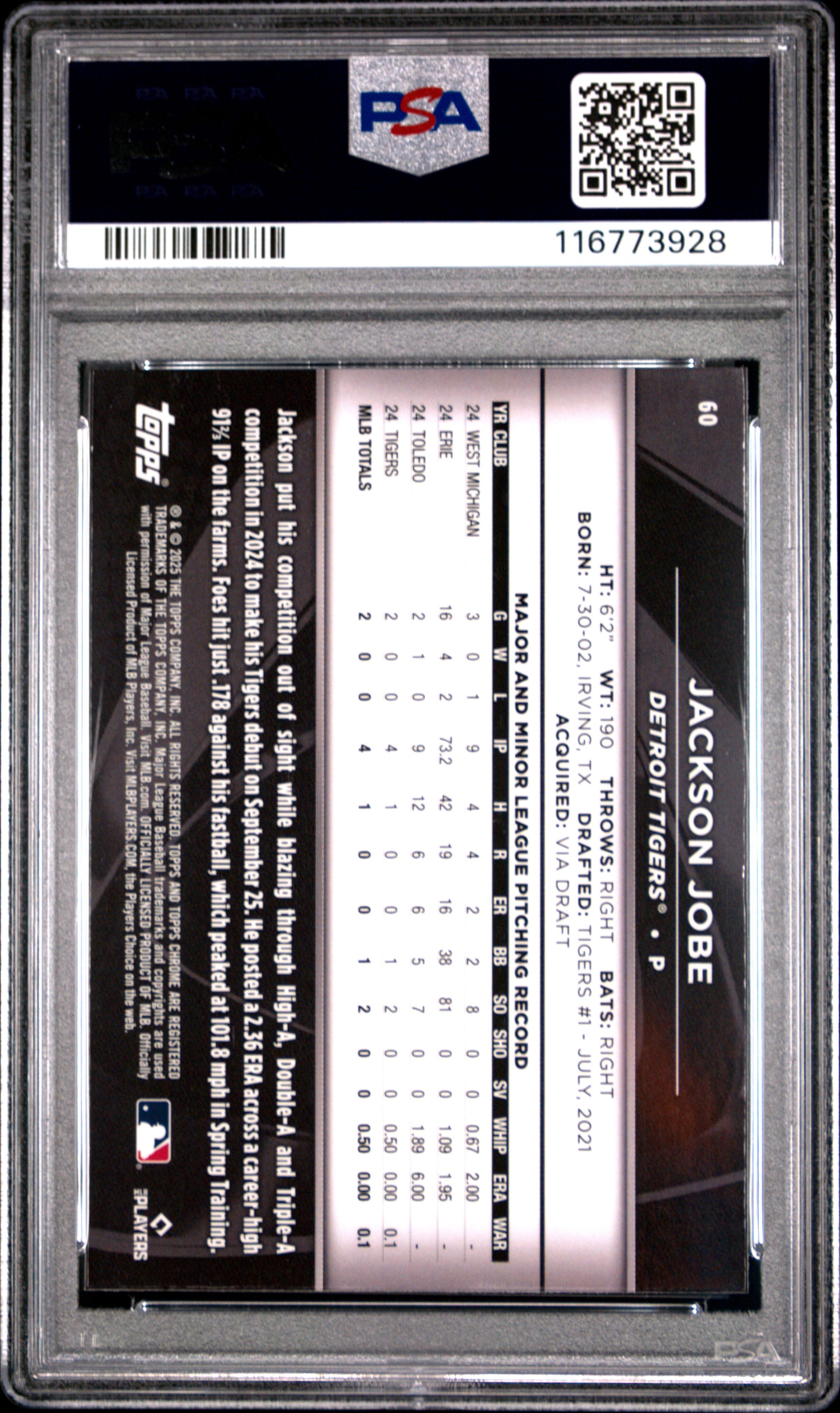 Graded 2025 Topps Chrome Black Jackson Jobe #60 Rookie RC Baseball Card PSA 10 Gem Mint