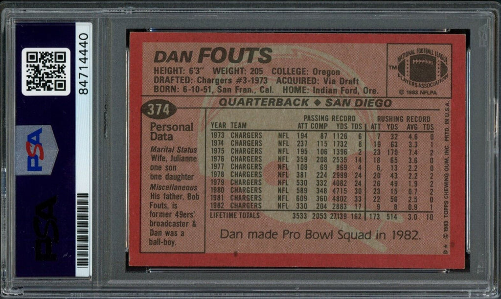 1983 TOPPS Dan Fouts #374 Authentic Card Signed Chargers PSA/DNA 176685