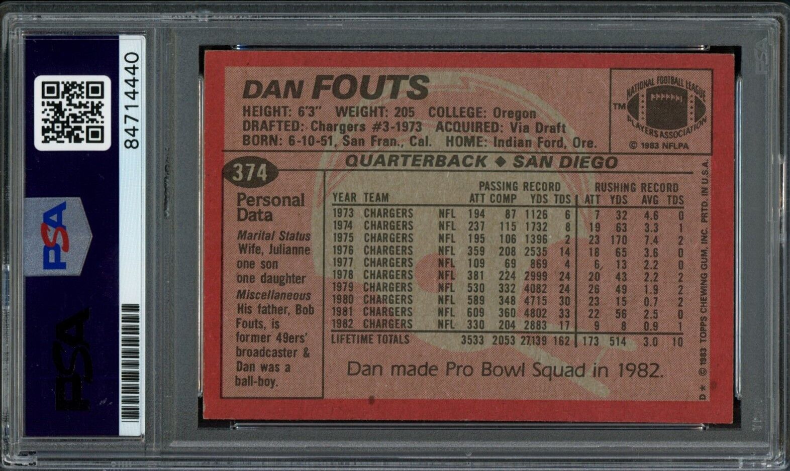 1983 TOPPS Dan Fouts #374 Authentic Card Signed Chargers PSA/DNA 176685