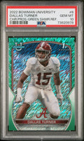 Graded 2022 Topps Bowman University Dallas Turner #6 Chrome Prospects Green Shimmer Refractor /99 Rookie RC Football Card PSA 10 Gem Mint