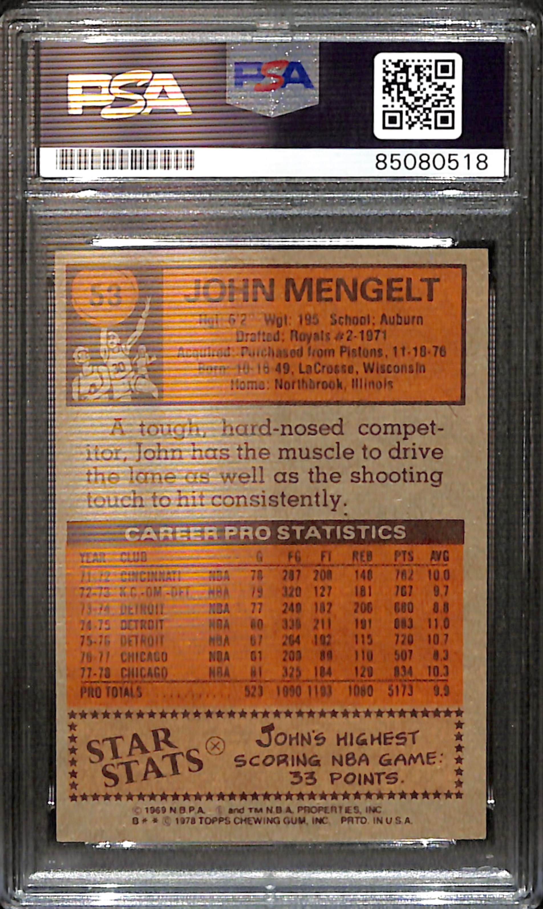 John Mengelt Signed/Auto 1978 Topps Card #53 Chicago Bulls PSA/DNA 185429