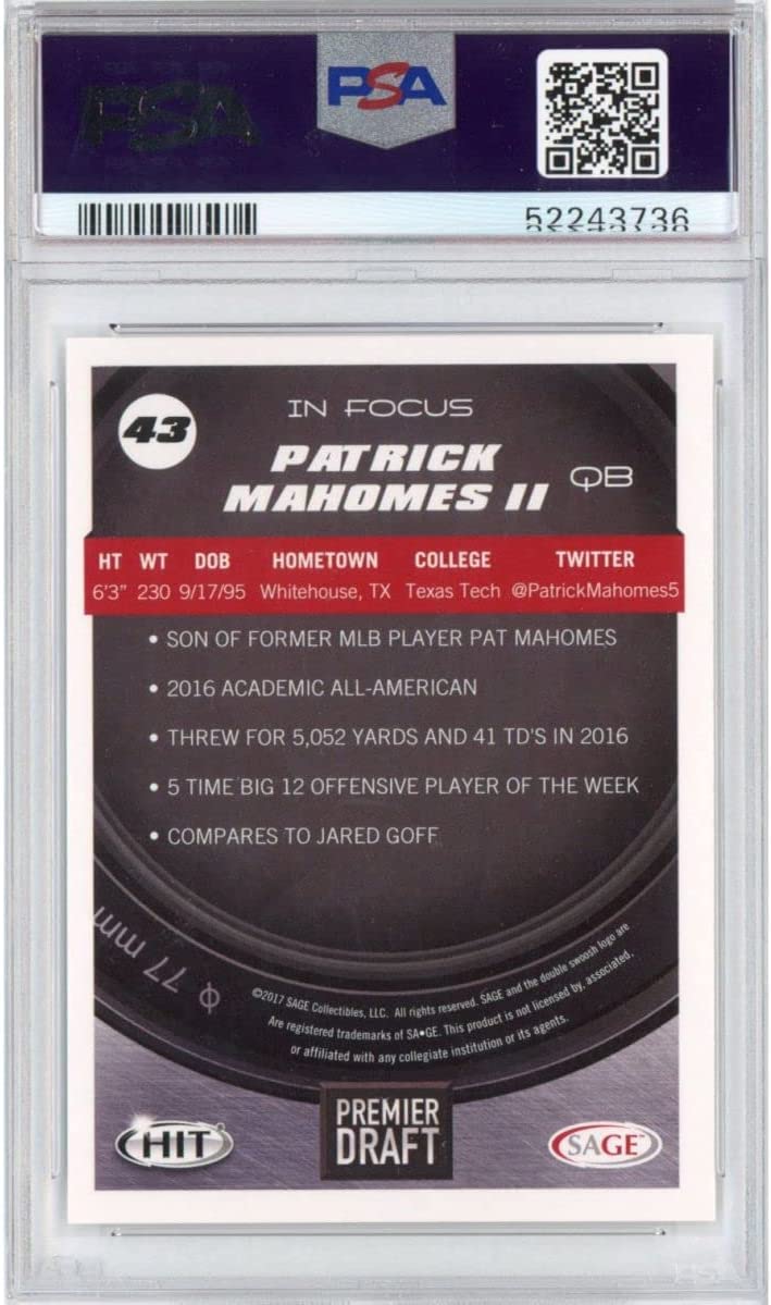 Graded 2017 Sage SA-GE Hit Patrick Mahomes II #43 Premier Draft Rookie RC Football Card PSA 10 Gem Mint