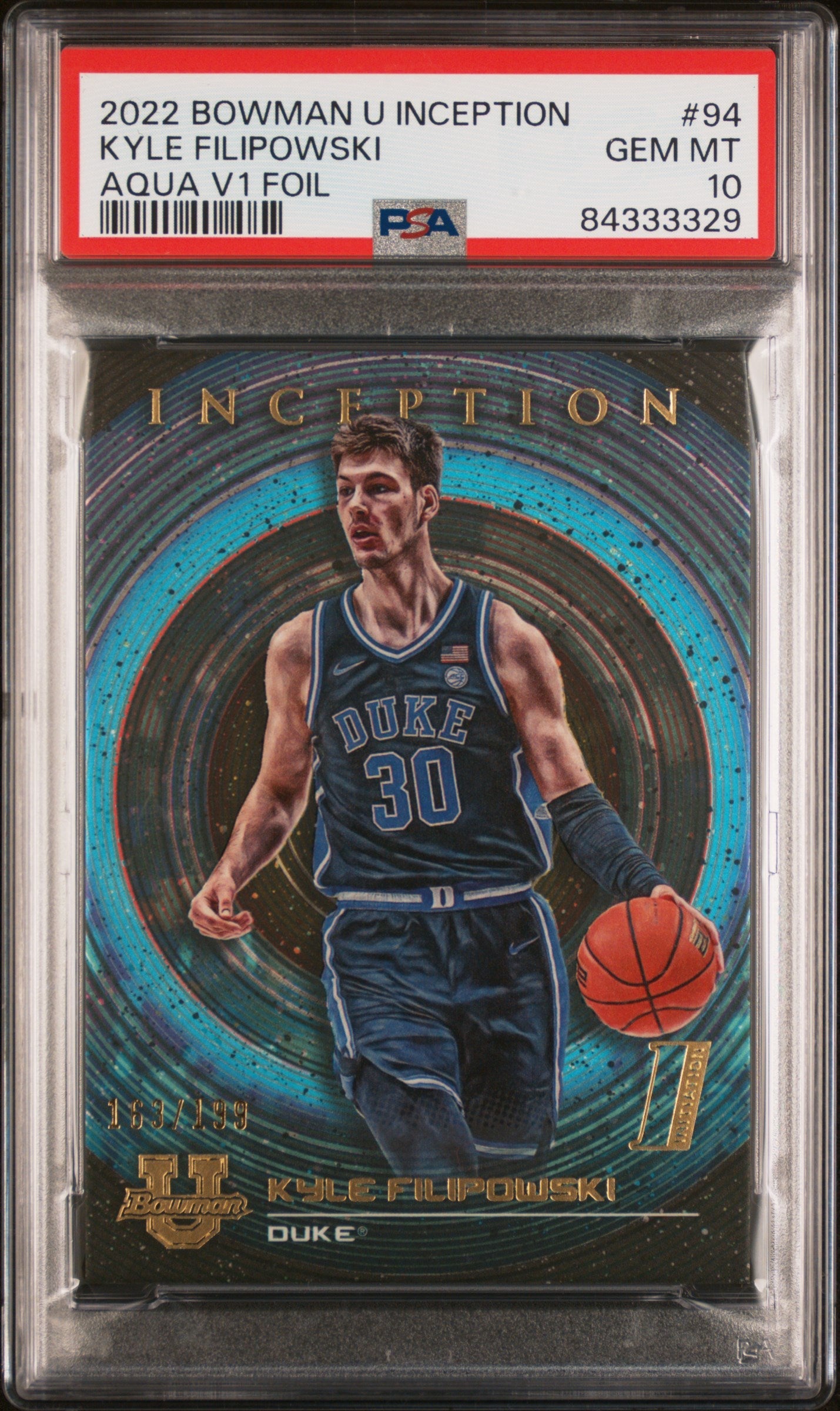 Graded 2022 Topps Bowman U Inception Kyle Filipowski #94 Aqua V Foil /199 Rookie RC Basketball Card PSA 10 Gem Mint