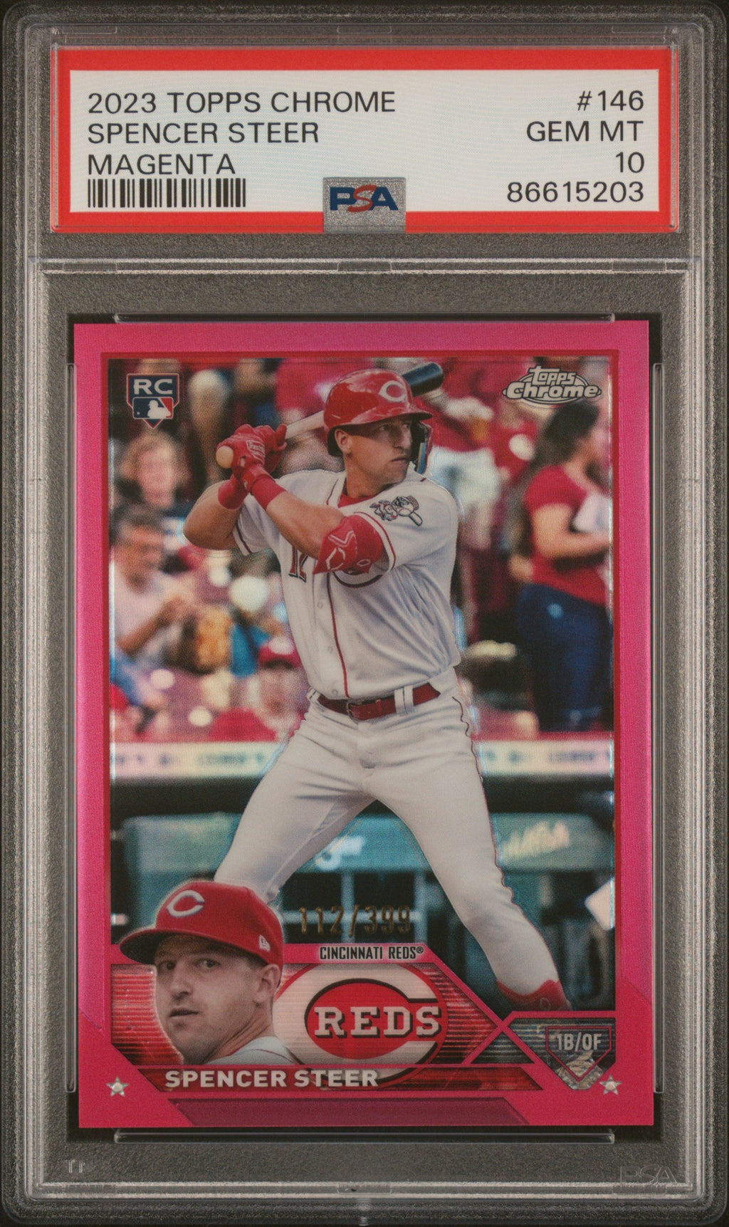 Graded 2023 Topps Chrome Spencer Steer #146 Magenta /399 Rookie RC Baseball Card PSA 10 Gem Mint