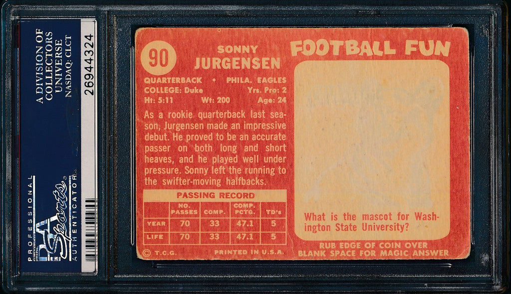 Sonny Jurgensen HOF Signed/Insc 1958 Topps Rookie Card #90 Eagles PSA/DNA 186382