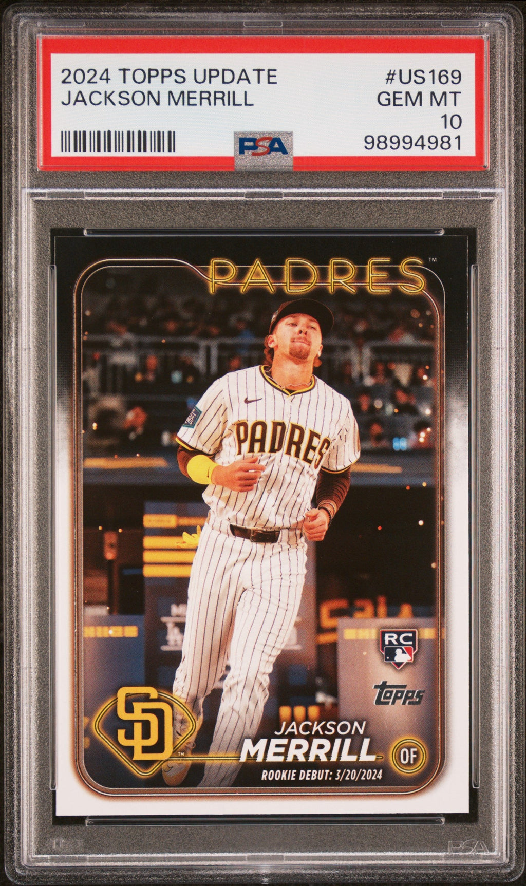 Graded 2024 Topps Update Jackson Merrill #US169 Rookie RC Baseball Card PSA 10 Gem Mint