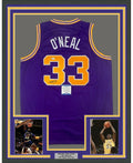 Framed Autographed/Signed Shaquille Shaq O'Neal 35x39 LSU Purple Basketball Jersey Beckett BAS COA