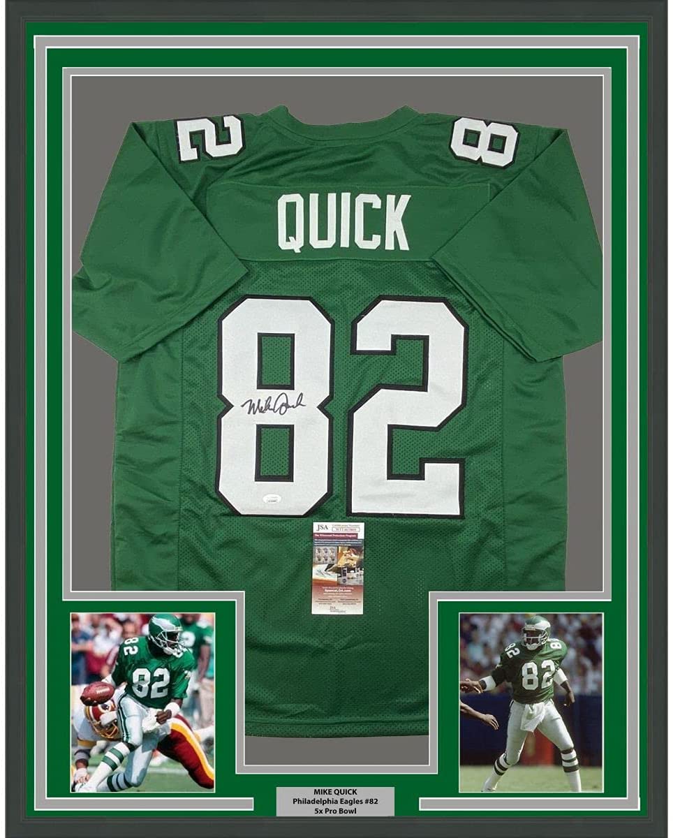 Framed Autographed/Signed Mike Quick 35x39 Philadelphia Kelly Green Football Jersey JSA COA