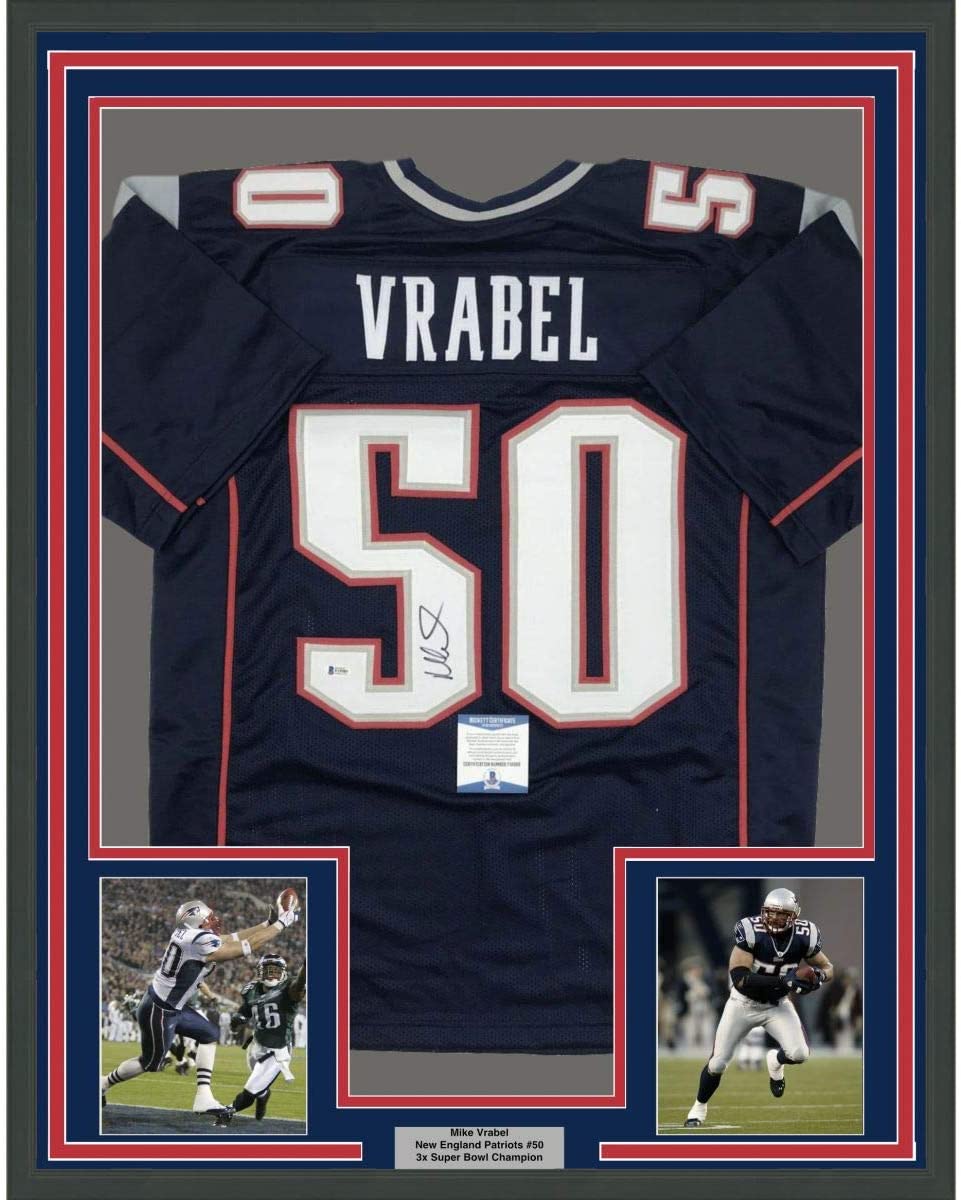 Framed Autographed/Signed Mike Vrabel 35x39 New England Blue Football Jersey Beckett BAS COA
