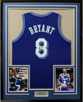 Framed Autographed/Signed Kobe Bryant 35x39 Los Angeles LA Retro Blue Basketball Jersey PSA/DNA COA