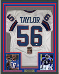 Framed Autographed/Signed Lawrence Taylor 35x39 New York White Football Jersey JSA COA