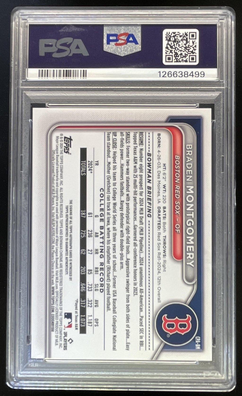 2024 Bowman Draft Chrome Prospect #CPA-BM Braden Montgomery RC Auto PSA 10