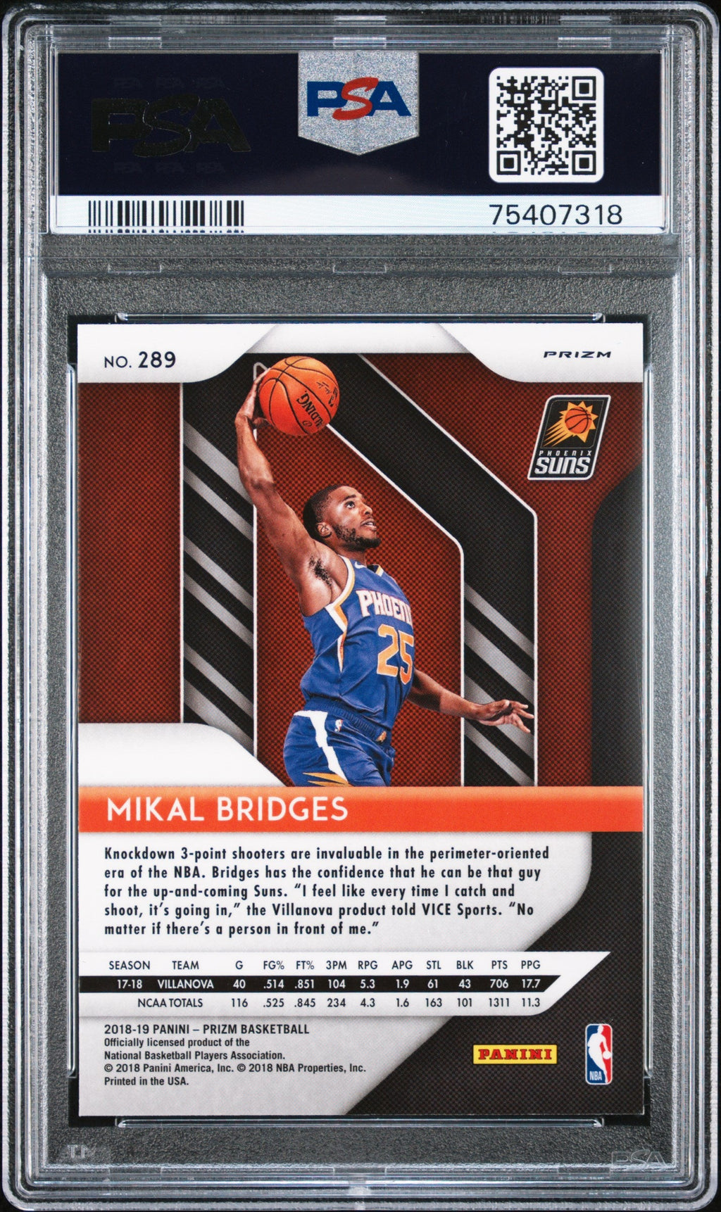 Graded 2018 Panini Prizm Mikal Bridges #289 Red Ice Rookie RC Basketball Card PSA 10 Gem Mint