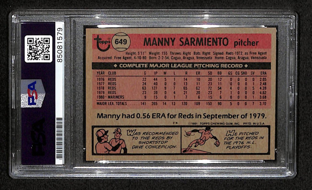 Manny Sarmiento Signed 1981 Topps Card #649 Seattle Mariners PSA/DNA 184519