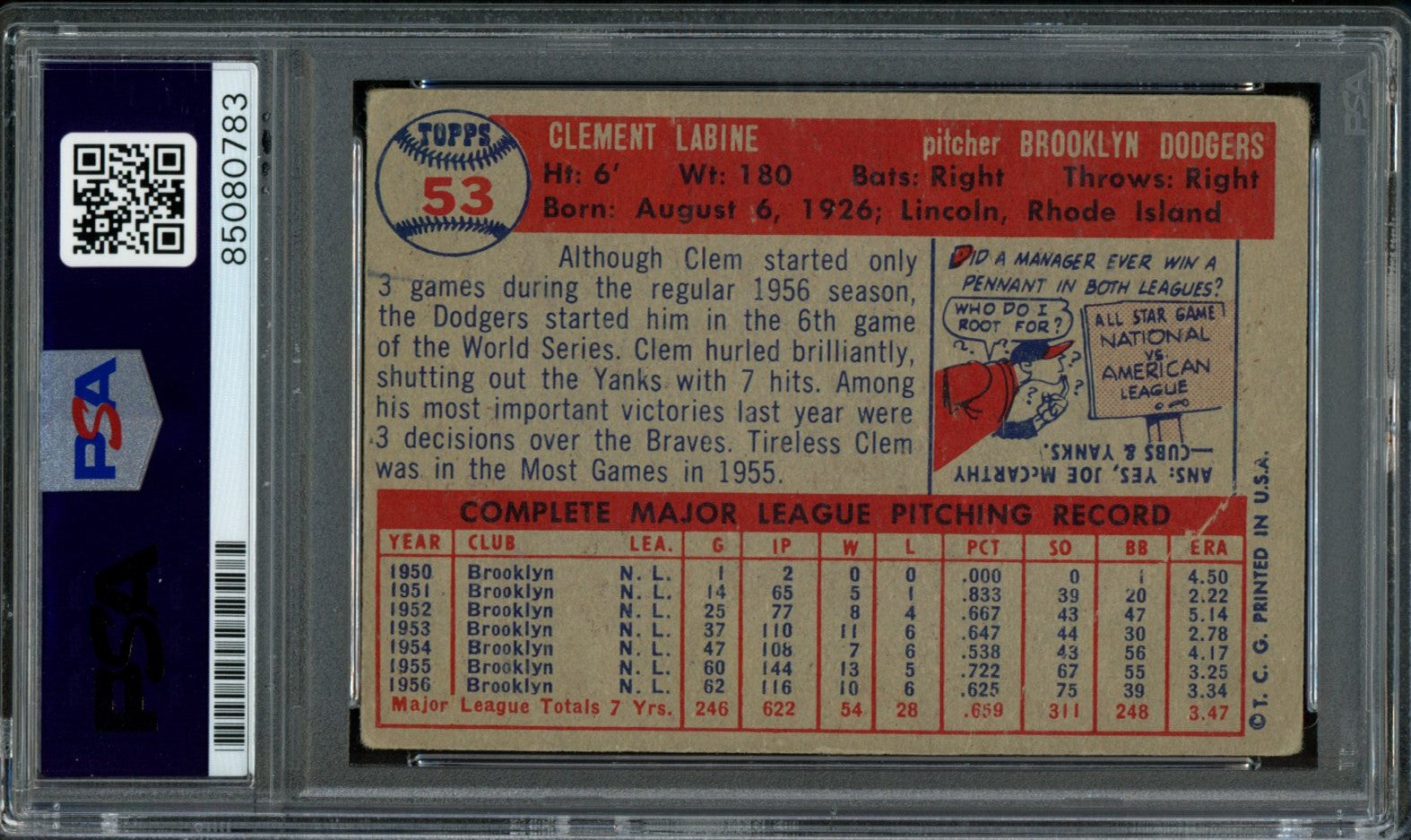 Clem Labine Signed 1957 Topps Card #53 Brooklyn Dodgers PSA/DNA 184179