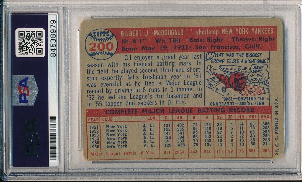Gil McDougald Yankees Signed/Autographed 1957 TOPPS Card #200 PSA/DNA 166629