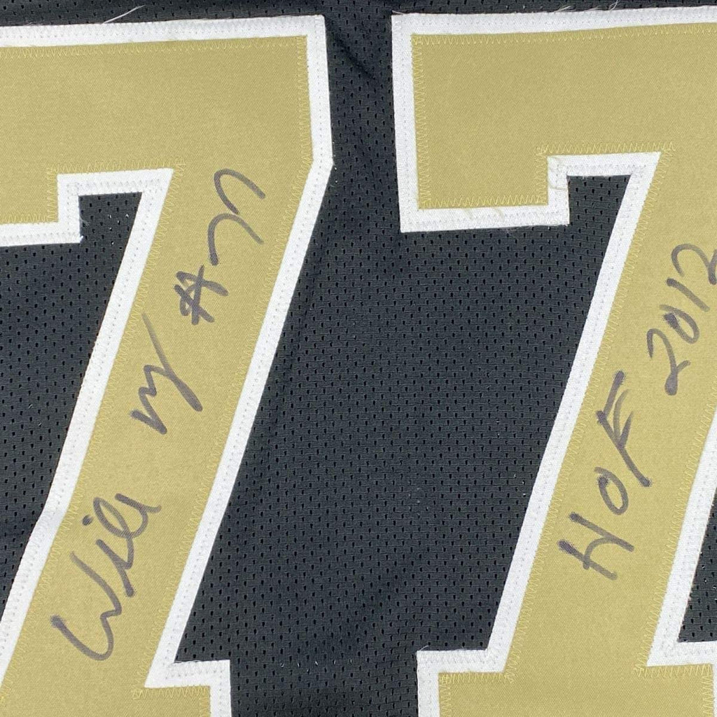 Framed Autographed/Signed Willie Roaf 35x39 New Orleans Black Football Jersey JSA COA