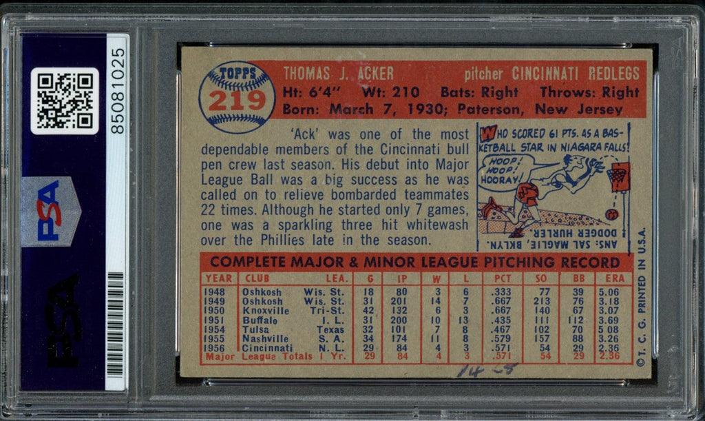 Tom Acker Signed 1957 Topps Card #219 Cincinnati Redlegs PSA/DNA 184189