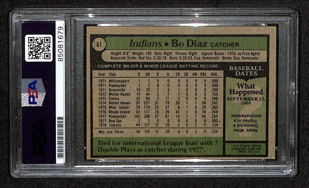 Bo Diaz Signed 1979 Topps Card #61 Cleveland Indians PSA/DNA 184539