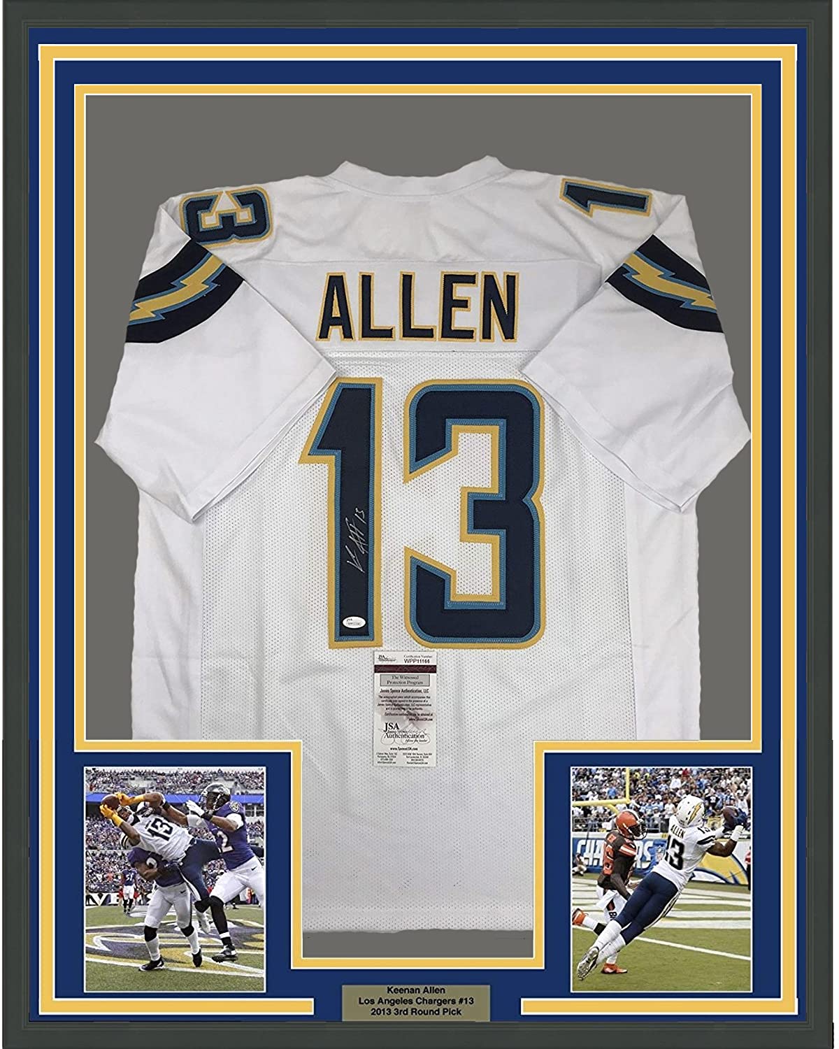 Framed Autographed/Signed Keenan Allen 35x39 Los Angeles LA Chargers White Football Jersey JSA COA