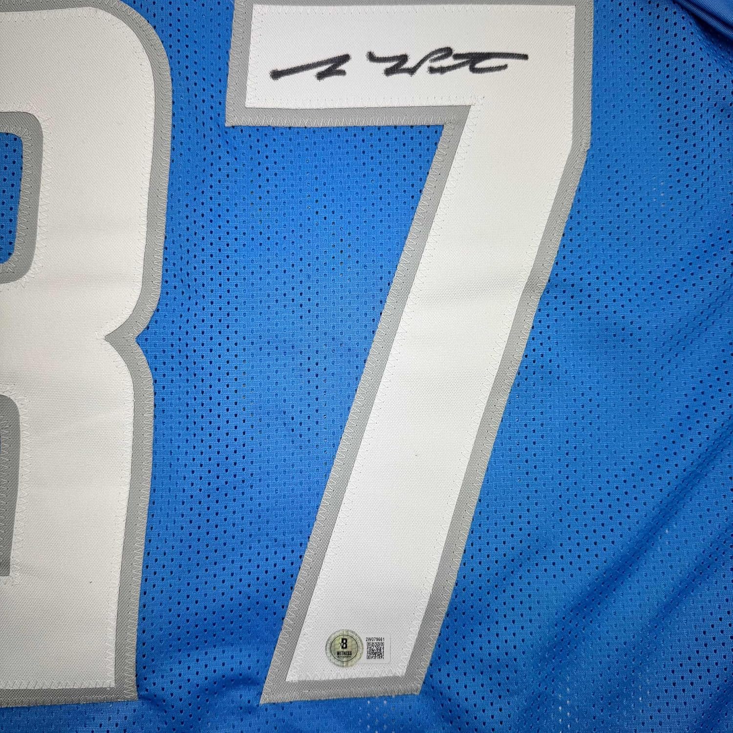 Framed Autographed/Signed Sam LaPorta 35x39 Detroit Blue Football Jersey Beckett BAS COA