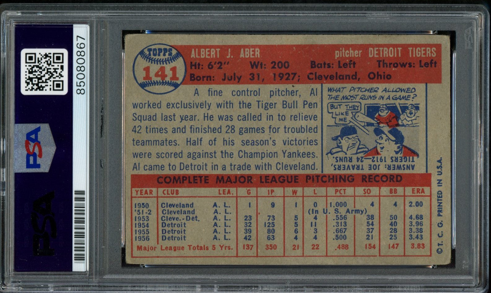 1957 TOPPS Al Aber #141 Auth Card Signed Detroit Tigers PSA/DNA 184110