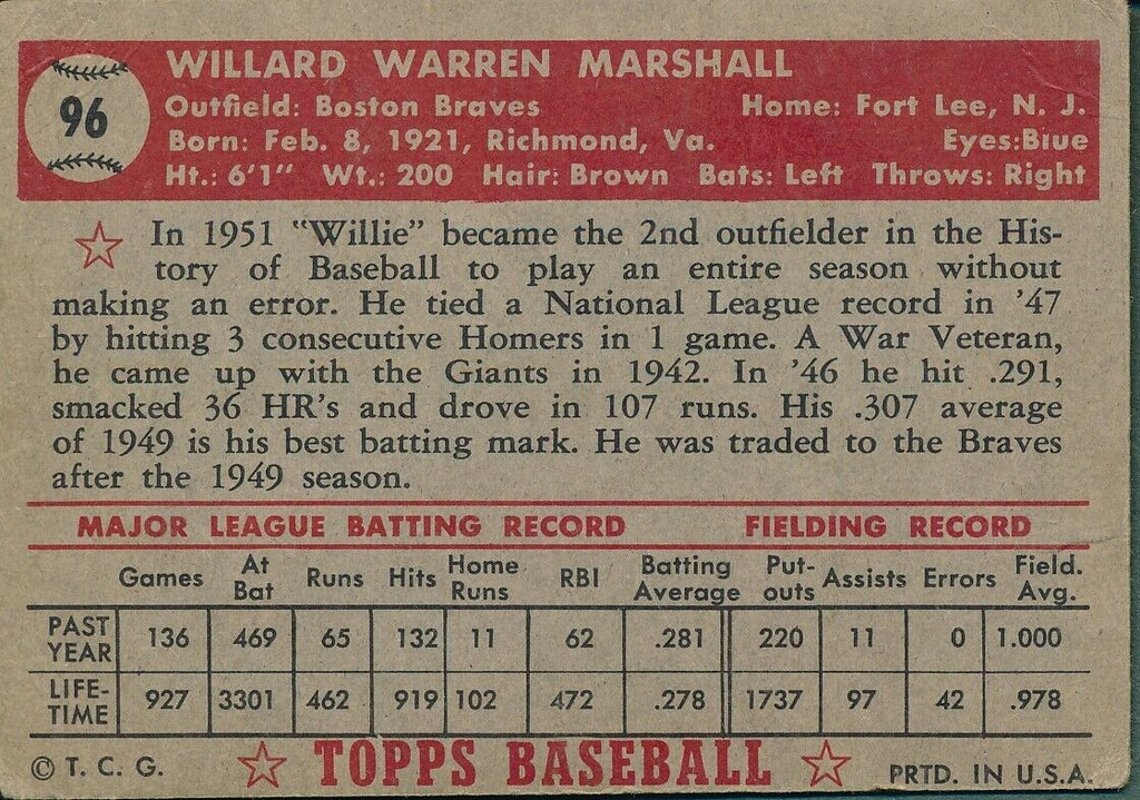 Willard Marshall Boston Braves Signed 1952 Topps Baseball Card #96 162317