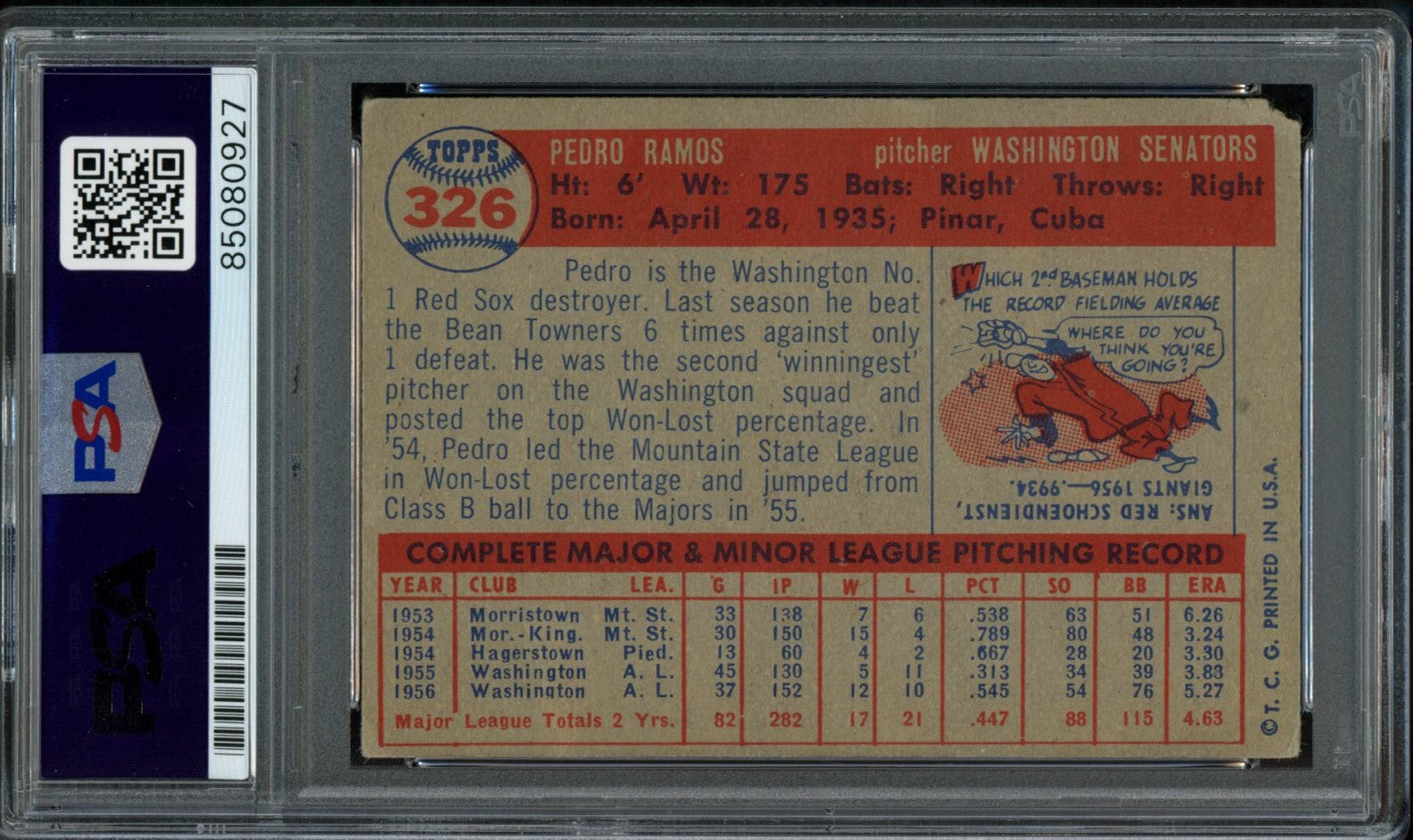 Pedro Ramos Signed 1957 Topps Card #326 Milwaukee Braves PSA/DNA 184165