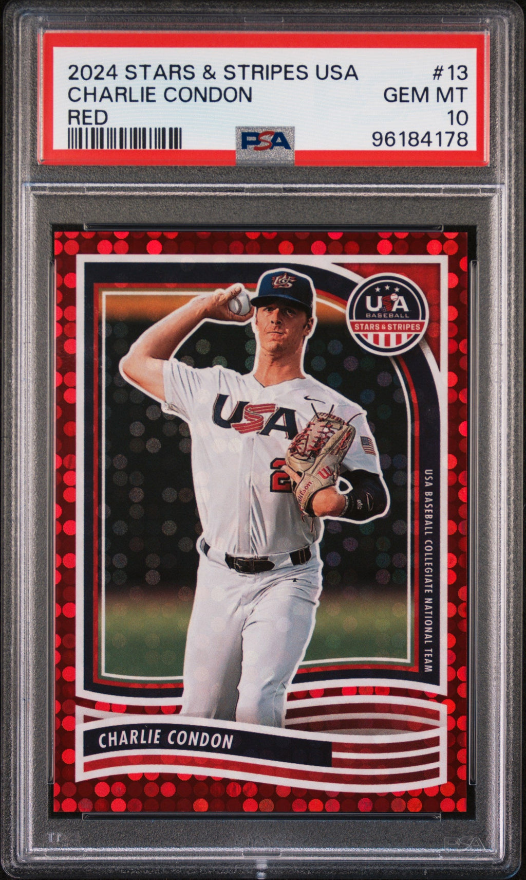 Graded 2024 Panini Stars & Stripes USA Charlie Condon #13 /199 Rookie RC Baseball Card PSA 10 Gem Mint