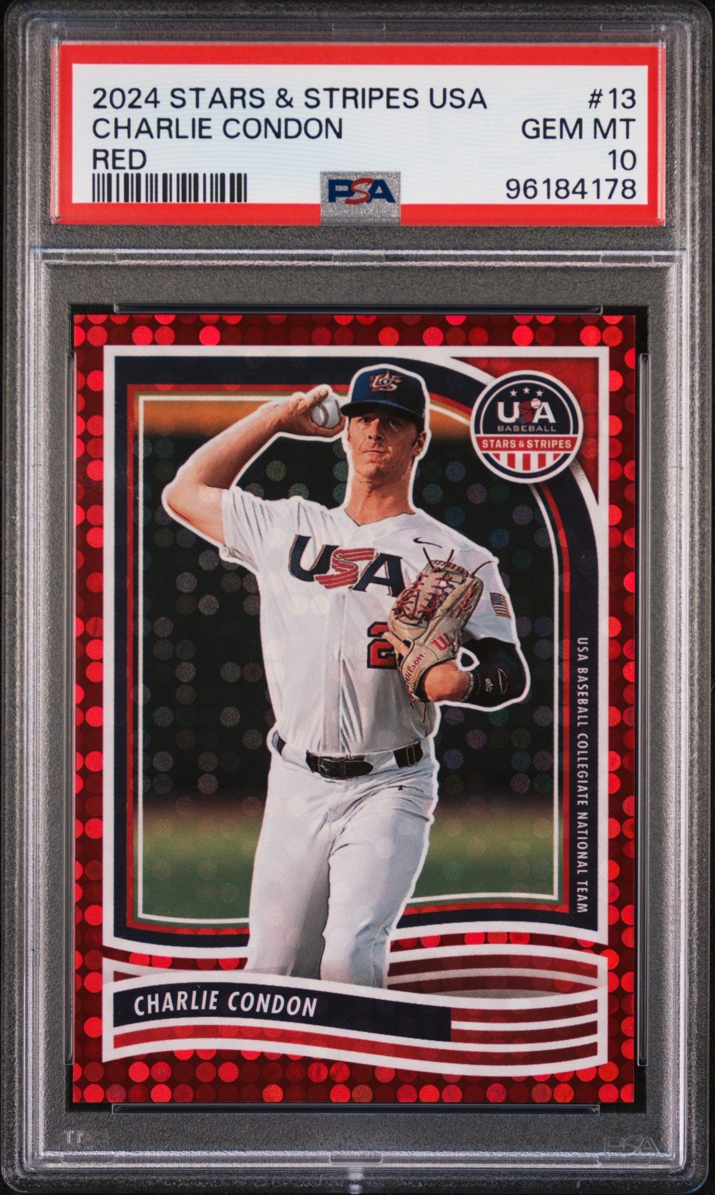Graded 2024 Panini Stars & Stripes USA Charlie Condon #13 /199 Rookie RC Baseball Card PSA 10 Gem Mint
