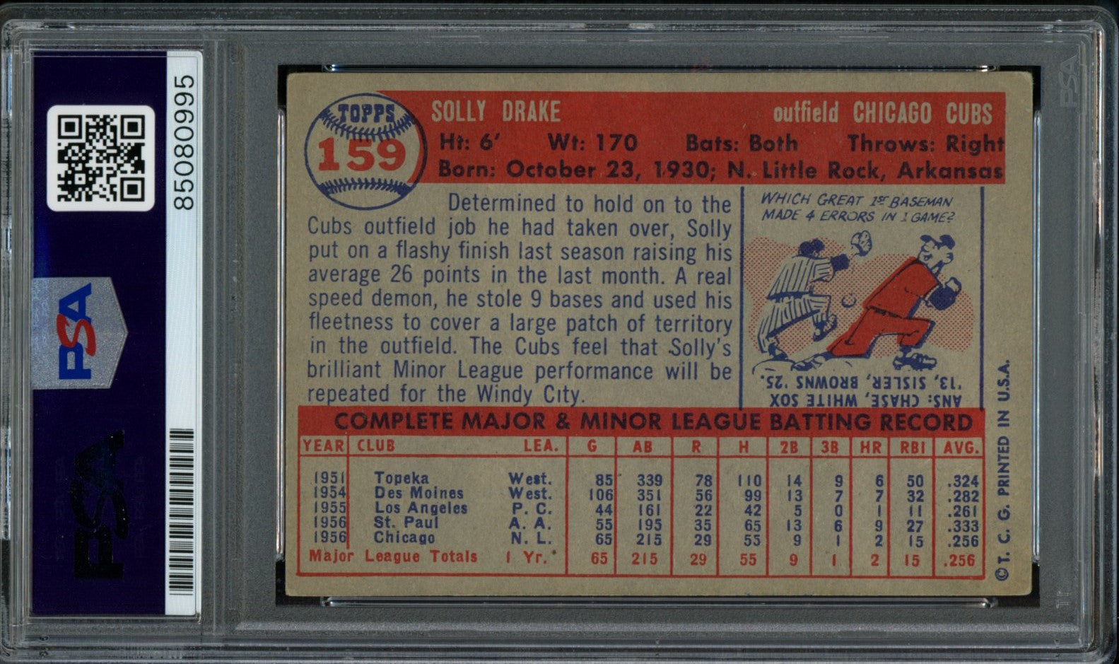 Solly Drake Signed 1957 Topps Trading Card #159 Chicago Cubs PSA/DNA 183569
