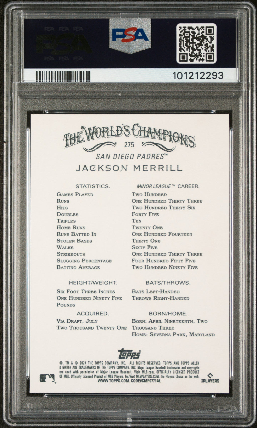 Graded 2024 Topps Allen & Ginter Jackson Merrill #275 Rookie RC Baseball Card PSA 10 Gem Mint
