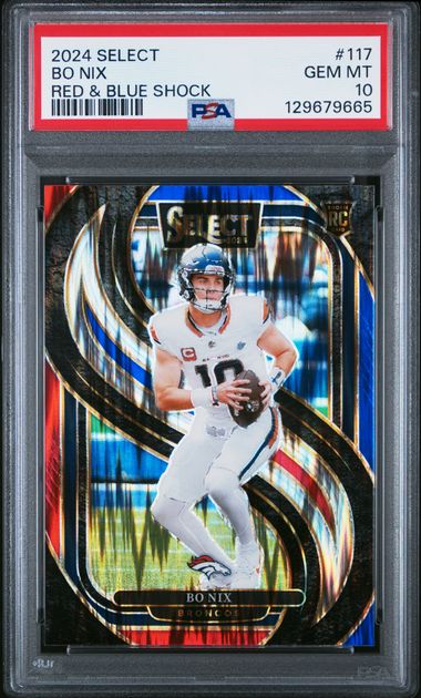 Graded 2024 Panini Select Bo Nix #117 Red & Blue Shock Rookie RC Football Card PSA 10 Gem Mint