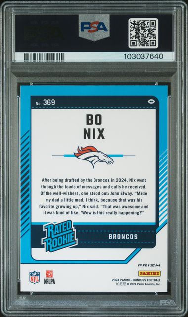 Graded 2024 Panini Donruss Bo Nix #369 Optic Preview Red & Green Rookie RC Football Card PSA 10 Gem Mint