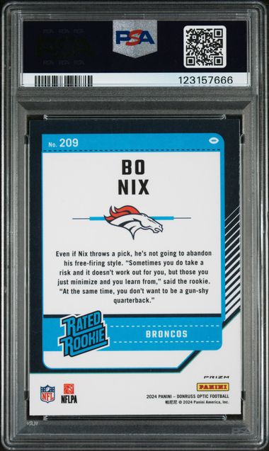 Graded 2024 Panini Donruss Optic Bo Nix #209 Holo Rookie RC Football Card PSA 10 Gem Mint