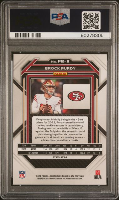 Graded 2022 Panini Chronicles Brock Purdy #PB8 Prizm Black Silver Rookie RC Football Card PSA 10 Gem Mint