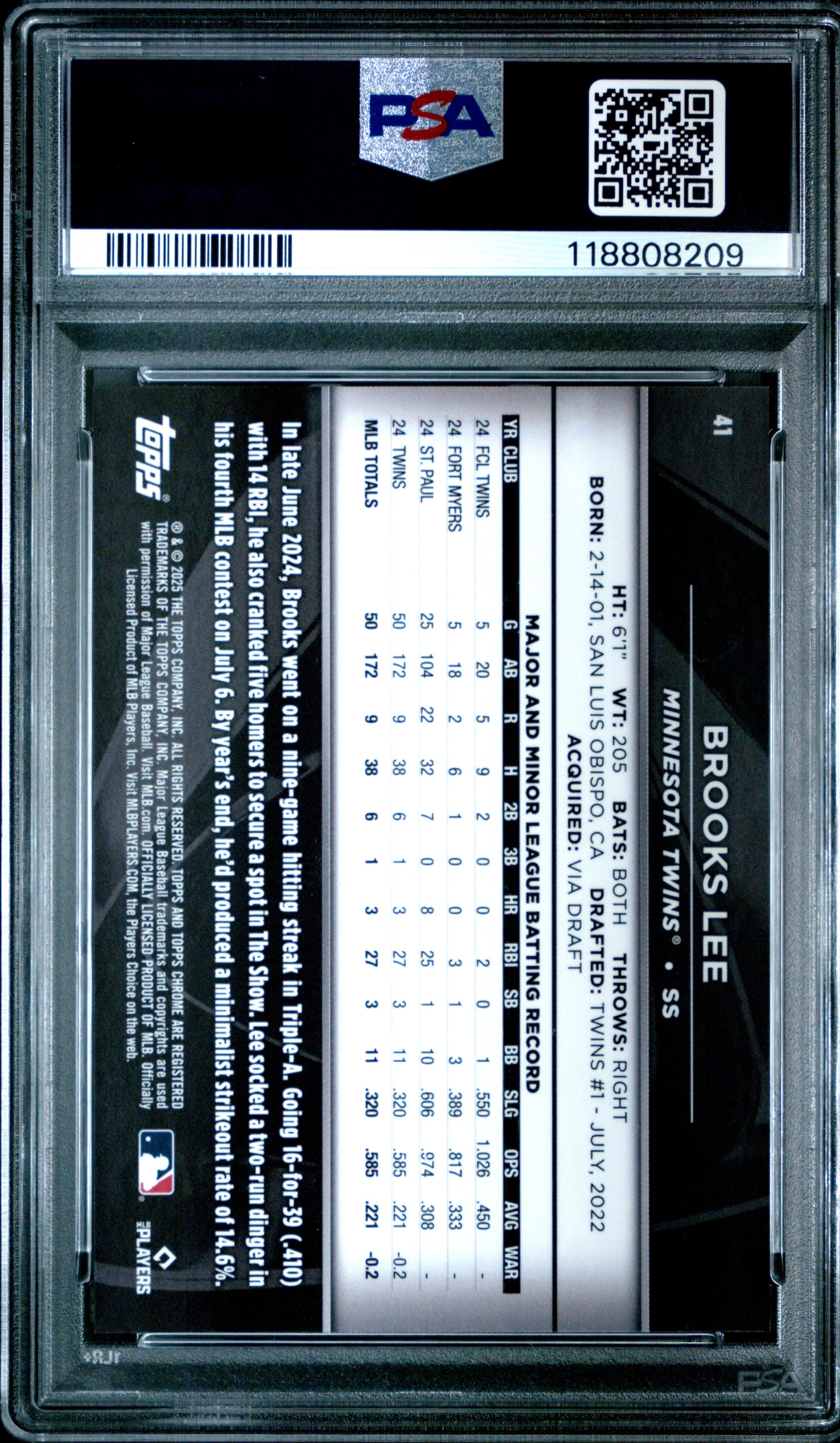 Graded 2025 Topps Chrome Black Brooks Lee #41 Blue Refractor /150 Rookie RC Baseball Card PSA 10 Gem Mint
