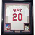 Framed Autographed/Signed Lou Brock 35x39 St. Louis White Baseball Jersey JSA COA