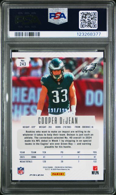 Graded 2024 Panini Prizm Deca Cooper DeJean #243 /199 Rookie RC Football Card PSA 9 Mint