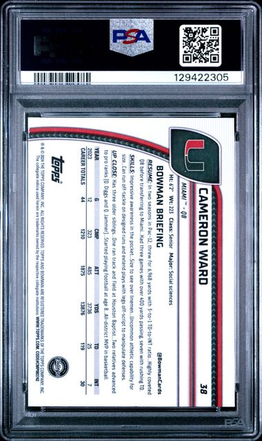 Graded 2024 Bowman U Chrome Cam Ward #38 X-Fractor Rookie RC Football Card PSA 10 Gem Mint
