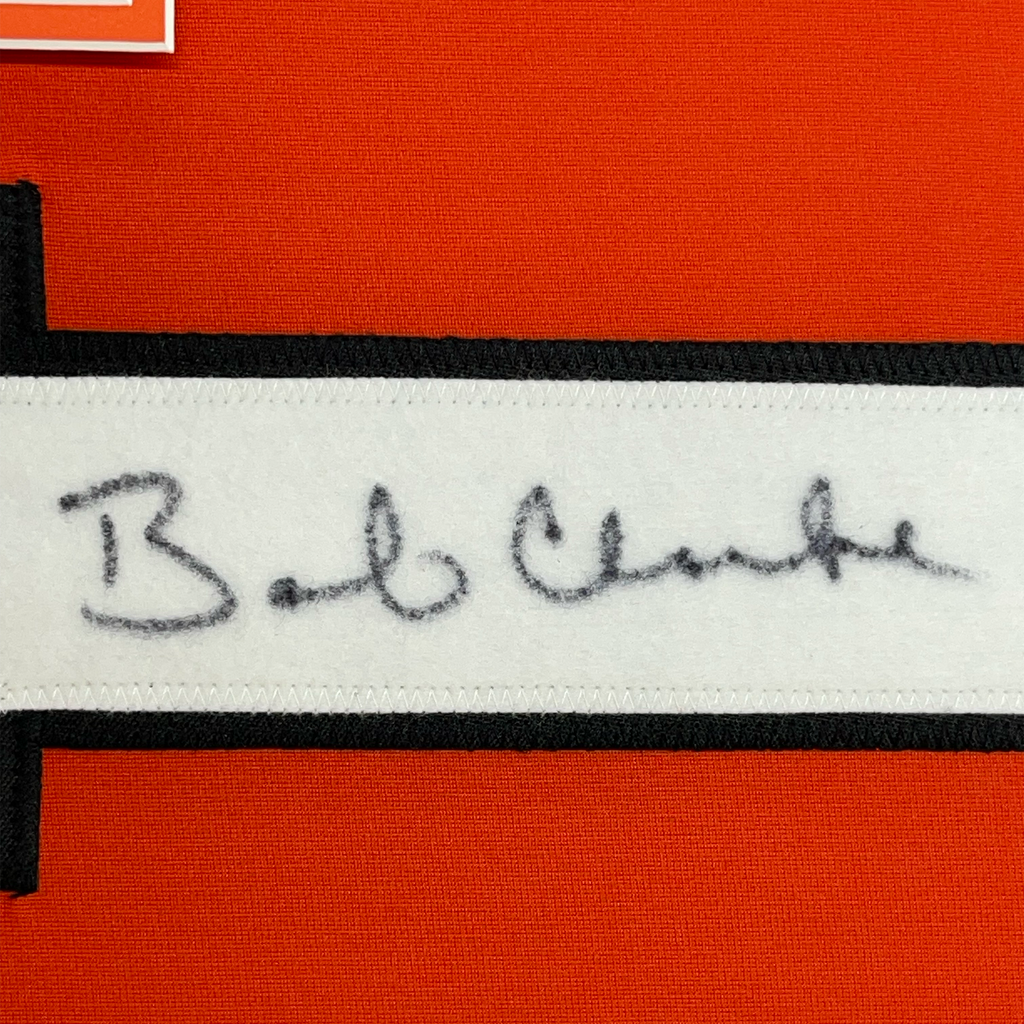 Framed Autographed/Signed Bob Bobby Clarke 35x39 Philadelphia Orange Hockey Jersey JSA COA