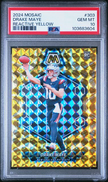 Graded 2024 Panini Mosaic Drake Maye #303 Reactive Yellow Rookie RC Football Card PSA 10 Gem Mint