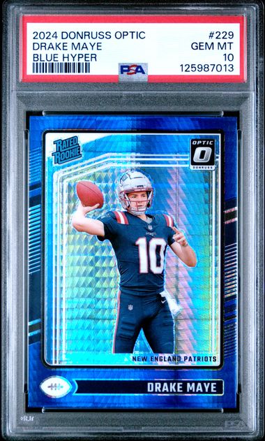 Graded 2024 Panini Donruss Optic Drake Maye #229 Blue Hyper Rookie RC Football Card PSA 10 Gem Mint