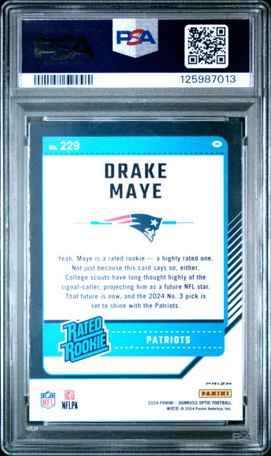 Graded 2024 Panini Donruss Optic Drake Maye #229 Blue Hyper Rookie RC Football Card PSA 10 Gem Mint